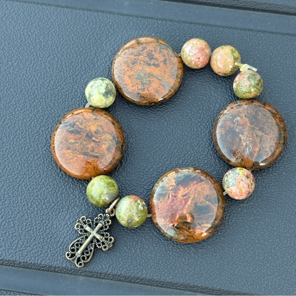 Polished Stone Cross Stretch Bracelet Christian Bohemian Natural Christ